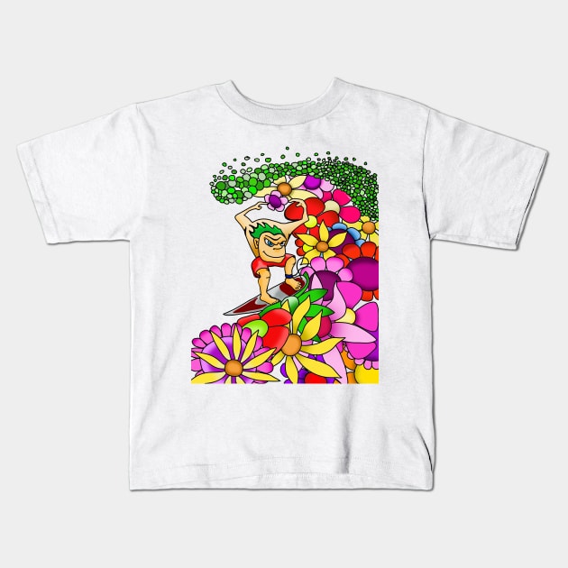 guy surfing on flowers Kids T-Shirt by harmount